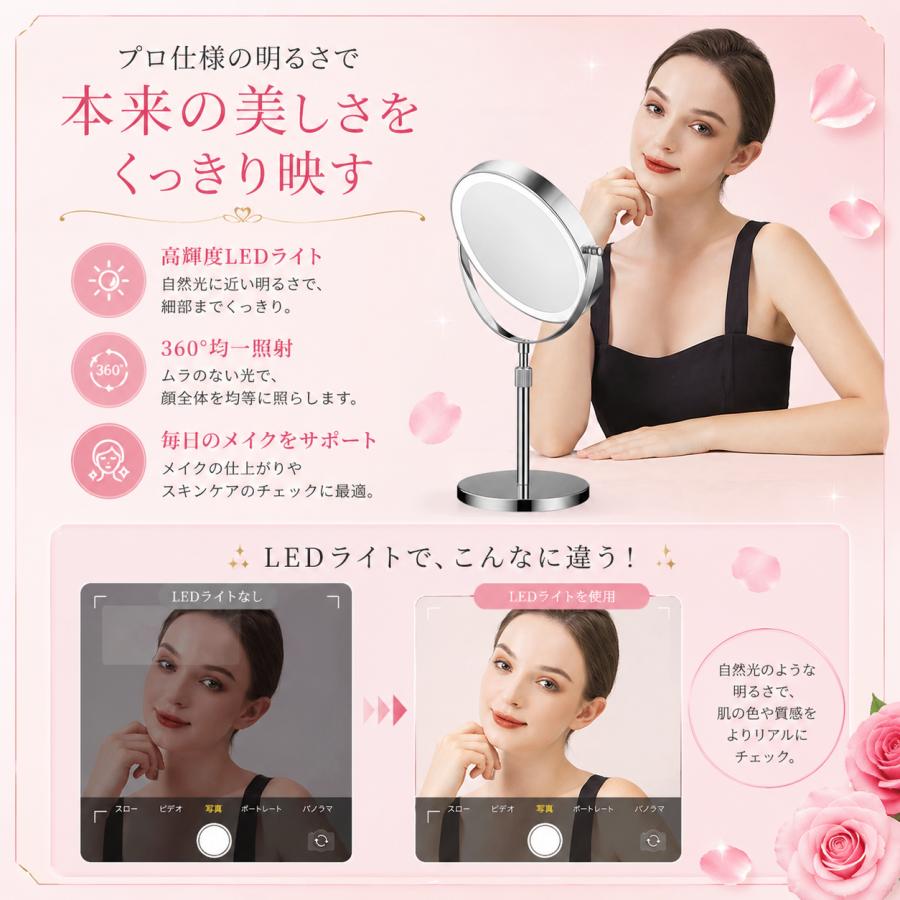 女優ミラー 卓上 led 卓上ミラー ライト 拡大鏡 鏡 5倍 3倍 10倍