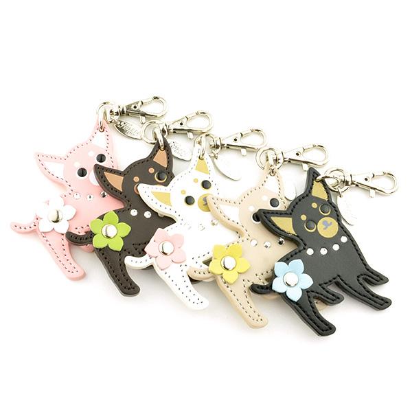 チワワチャーム 牛本革 スワロフスキー付き Happy 全5色 キーホルダー