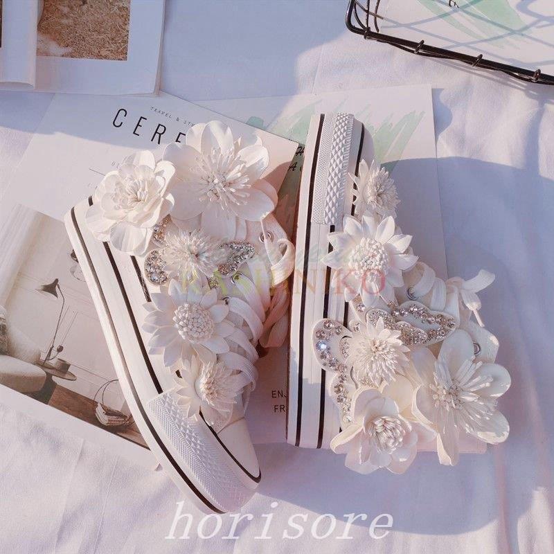 日本産 シューズスニーカーハイカットスニーカー厚底スニーカー花モチーフ布地白バタフライ靴ひもポップ可憐旅行2次会リゾート Zcg64 スニーカー カラー 1 Color