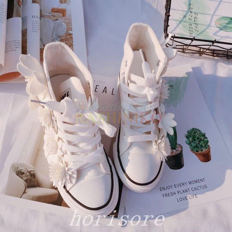 日本産 シューズスニーカーハイカットスニーカー厚底スニーカー花モチーフ布地白バタフライ靴ひもポップ可憐旅行2次会リゾート Zcg64 スニーカー カラー 1 Color