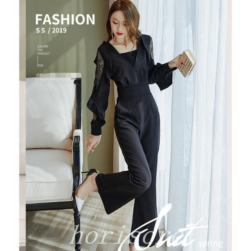 人気商品は ガウチョパンツカジュアル上品オールインワン 長袖パンツドレスレディース無地二次会結婚式パーティードレス30代40代ブラックロングドレス オールインワン サイズ M Hqpt Com