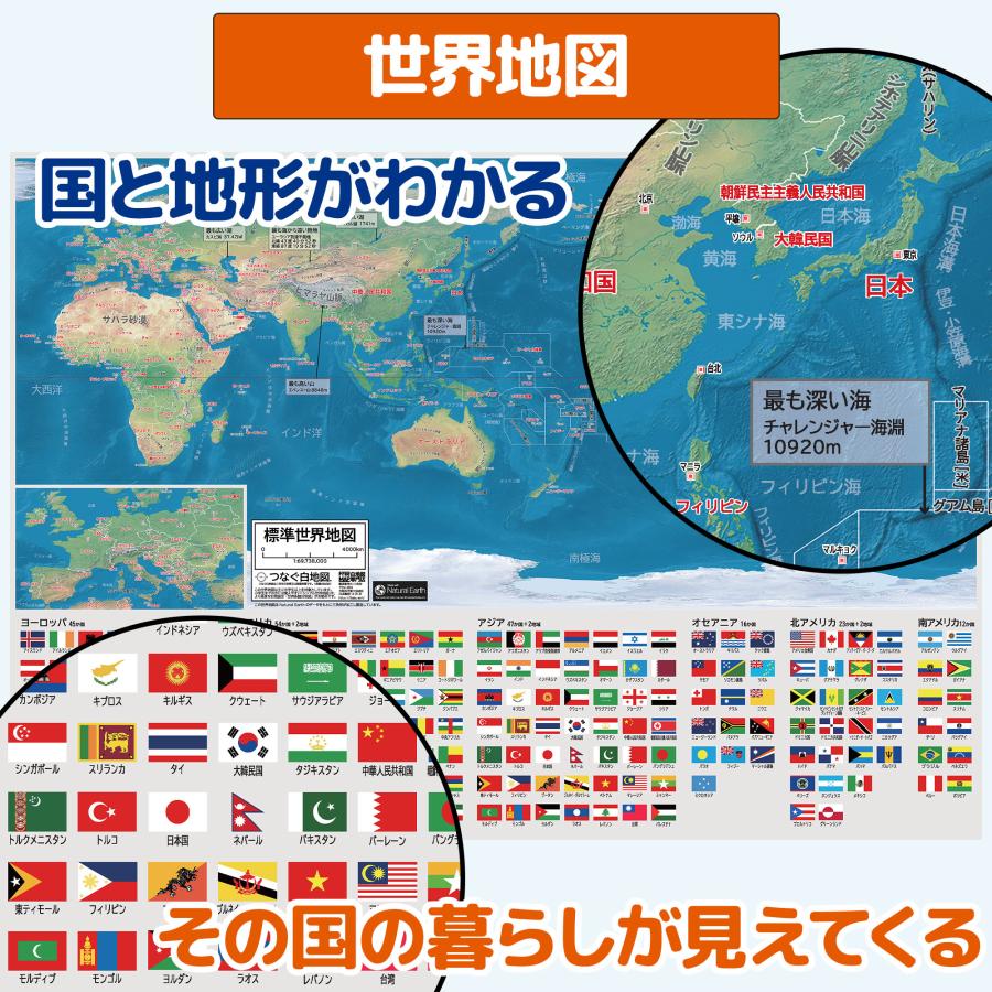世界地図 ポスター A2 2枚セット つなぐ白地図 国名入り 国旗 首都 地形 書き込み 学習用 知育 トイレのポスター 紙製 大判 |  | 02