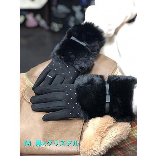 レディース手袋  FGLO-007  Ｍ黒ｘクリタル  高級プレミアムストーン 通学 通勤 お出掛け 誕生日プレゼント | 