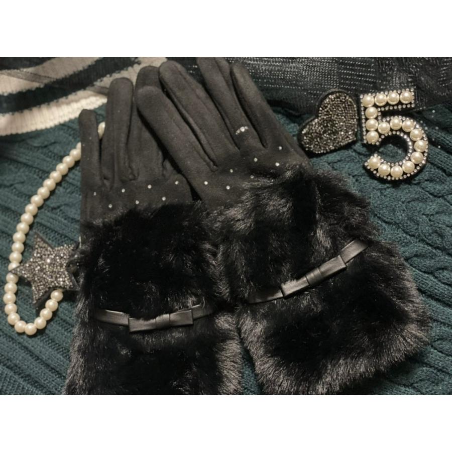 レディース手袋  FGLO-007  Ｍ黒ｘクリタル  高級プレミアムストーン 通学 通勤 お出掛け 誕生日プレゼント |  | 03