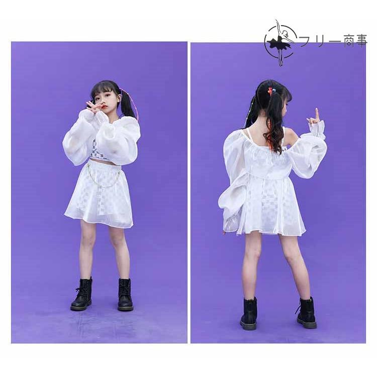 人気 白 キッズダンス 衣装 セットアップ シースルー 肌見え へそ出し スカート パンツ 子供服 ヒップホップ キッズダンス衣装 女の子 チア チアガ｜freeshoujistore｜10