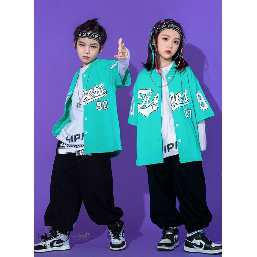 ベースボールシャツ ダンス衣装 キッズ ヒップホップ ファッション セットアップ キッズダンス衣装 派手 男の子 ガールズ シャツ ズボン 赤 水色 黒｜freeshoujistore｜02