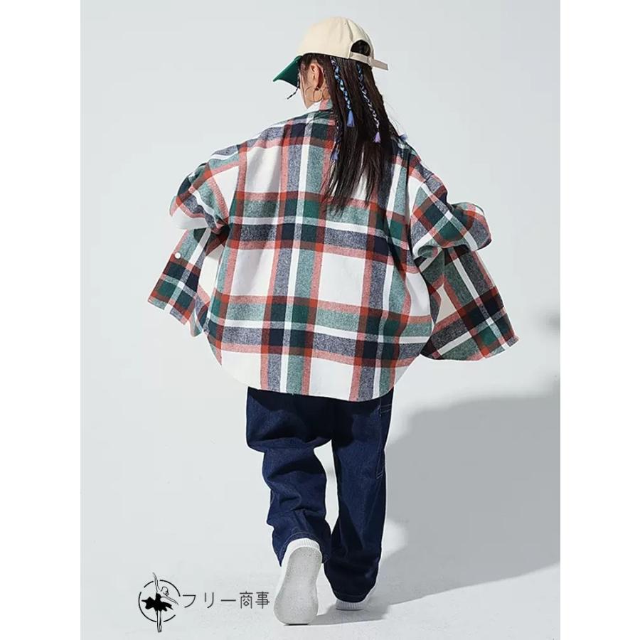 キッズ ダンス 衣装 セットアップ チェック柄 シャツ デニムパンツ 長袖シャツ ロングパンツ かっこいい ヒップホップ 女の子 男の子 HIPHOP ジャズダンス 子供｜freeshoujistore｜11