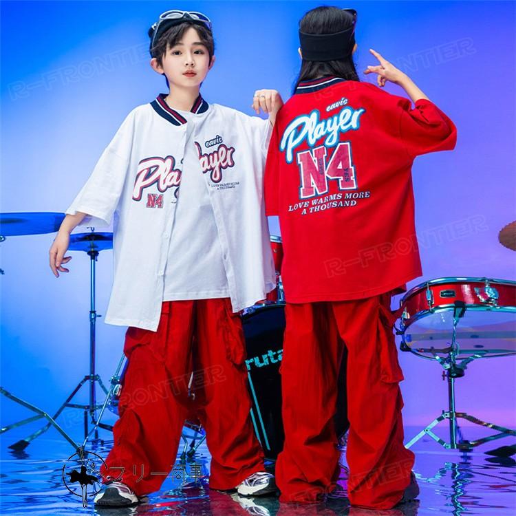 ベースボールシャツ 赤 白 キッズ ダンス 衣装 セットアップ ヒップホップ シャツ ゆったり カーゴパンツ キッズ へそ出し トップス k-pop 衣装 韓国 カコイイ｜freeshoujistore｜02