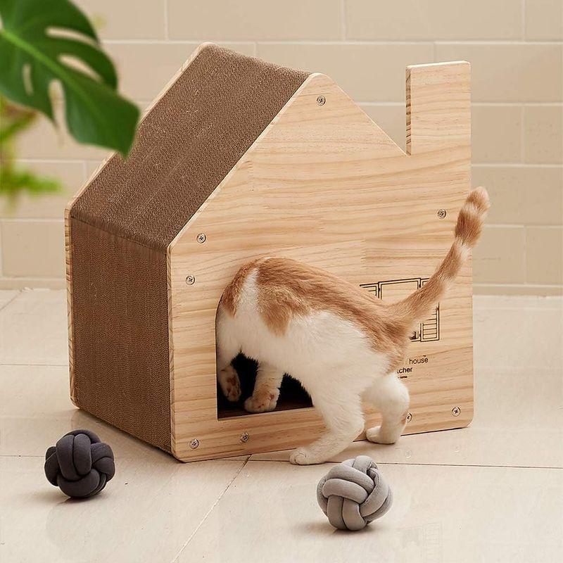 YAOMI Wood ノルディックハウススクラッチャー/猫 爪とぎ ハウス型 段ボール 8kgまでOK 強化ダンボール 両面使える 多頭OK Wood ノルディックハウススクラッチャー/猫 爪とぎ ハウス型 段ボール 8kgまでOK 強化ダンボール 両面使える 多頭OK
