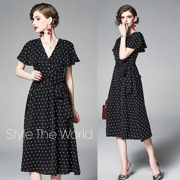 ドット柄 ワンピース 半袖 レトロ フォーマルワンピース 黒地 水玉ドット柄ワンピース お呼ばれドット柄ワンピース 結婚式 Vネック Gz Free Shlfq 24 株式会社フリースタイル 通販 Yahoo ショッピング