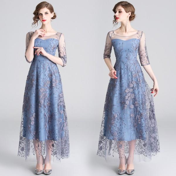 パーティードレス ロング丈 刺繍 安い 可愛い 結婚式 袖あり Aライン ミモレ丈 シンプル チュールドレス パーティー 有名ブランド