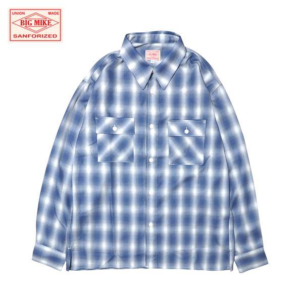 BIG MIKE/ビッグマイク Rayon Mix Ombre Slit LS Shirts/オンブレチェックシャツ 102615013・BLU×WHT | BIG MIKE