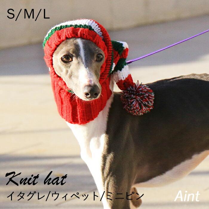 イタグレ ニット帽 クリスマス 犬 ボーダー柄 ウィペット ミニピン
