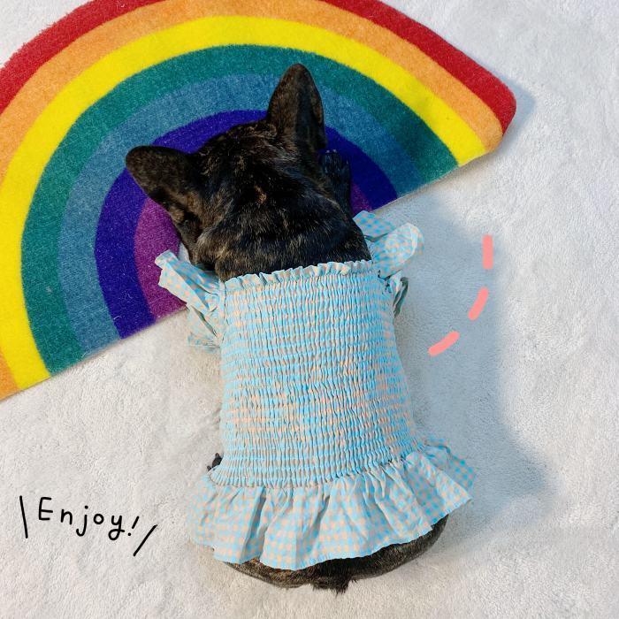 フレブル服　パグ服　バルーンキャミタンク　 インド綿　アフリカ　M1号のご相談 犬 フレブル フレンチブルドッグ パグ 服 チェック柄ワンピース
