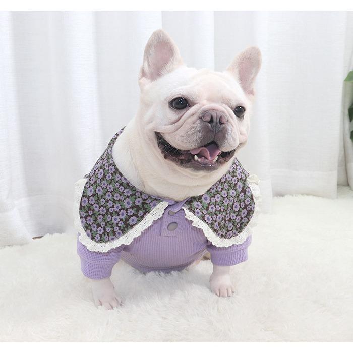 売り尽くし フレンチブルドッグ 服 ビッグカラーワッフルトップス 小花