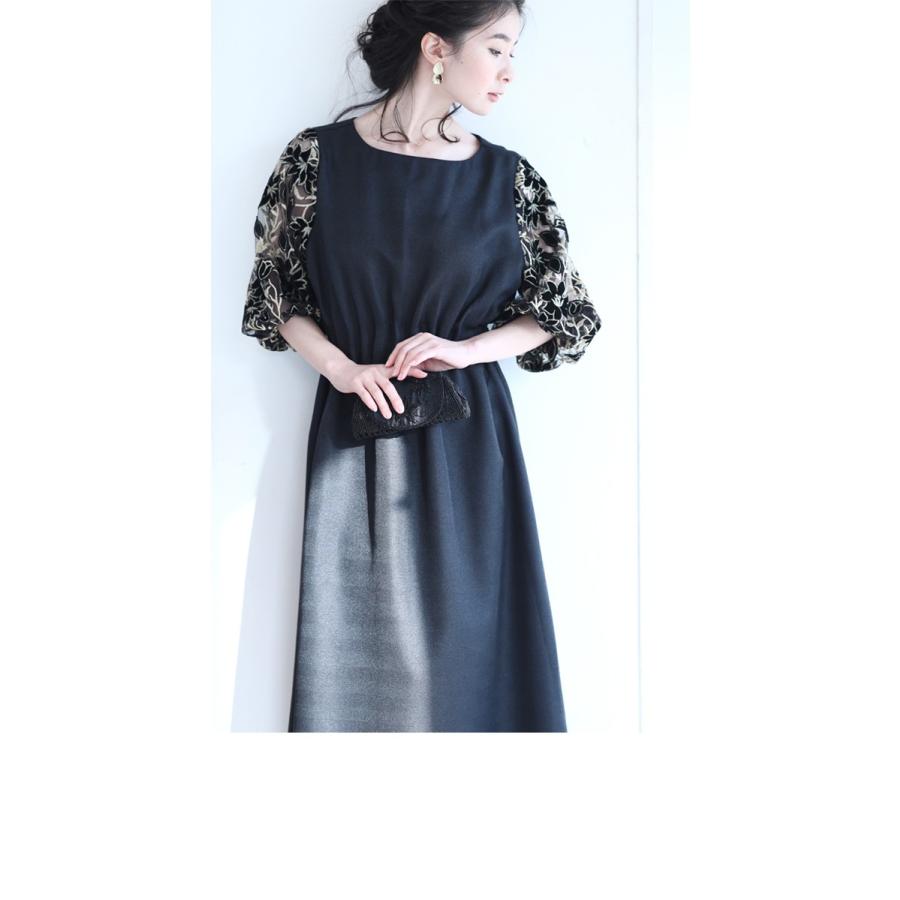 FRENCHPAVEオリジナル 花袖レースのブラックタックワンピース FRENCHPAVEオリジナル 花袖レースのブラックタックワンピース