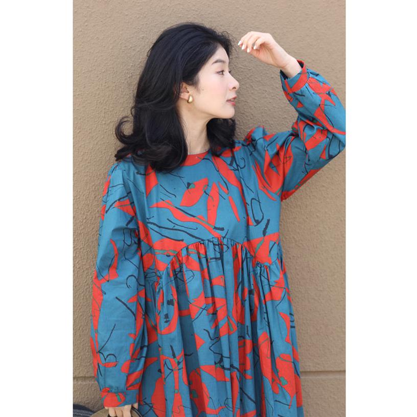 SからL対応 紐ベルト付き ノスタルジーなアート柄ロングワンピース