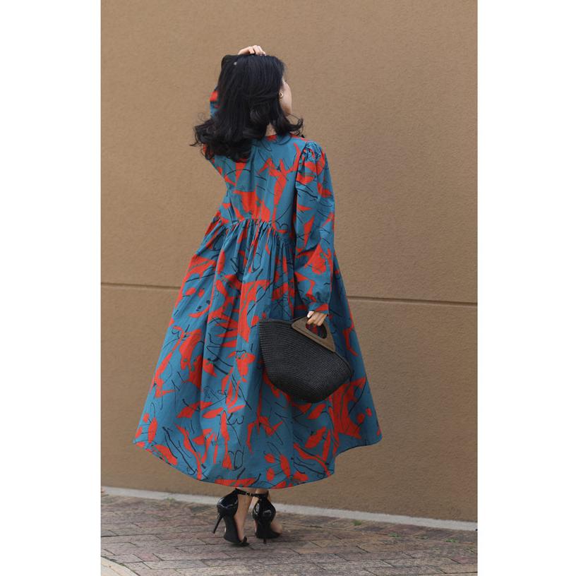 SからL対応 紐ベルト付き ノスタルジーなアート柄ロングワンピース