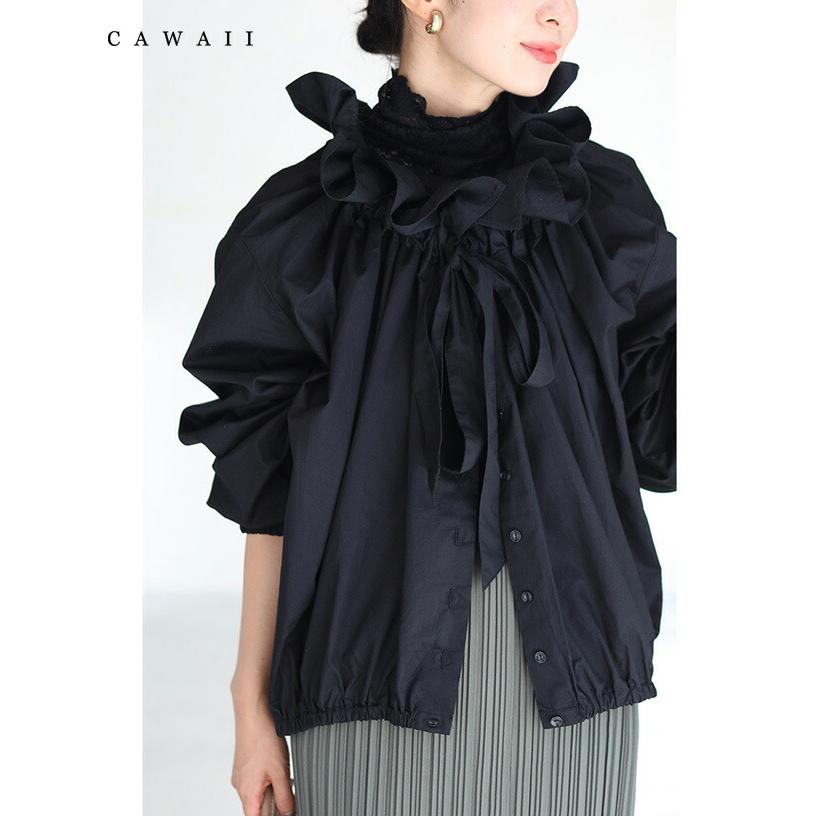 cawaii S〜3L対応 華やかなたっぷりネックフリルのブラウストップス 