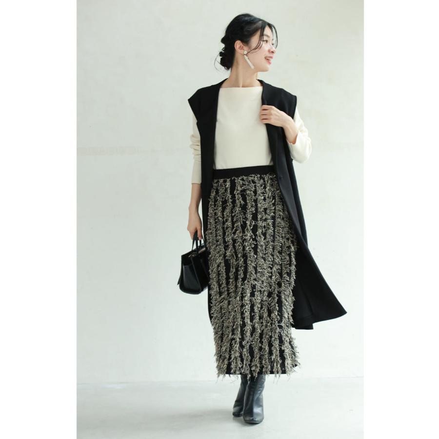 SからL対応 黒 フリンジラインニットミディアムスカート : CAWAII