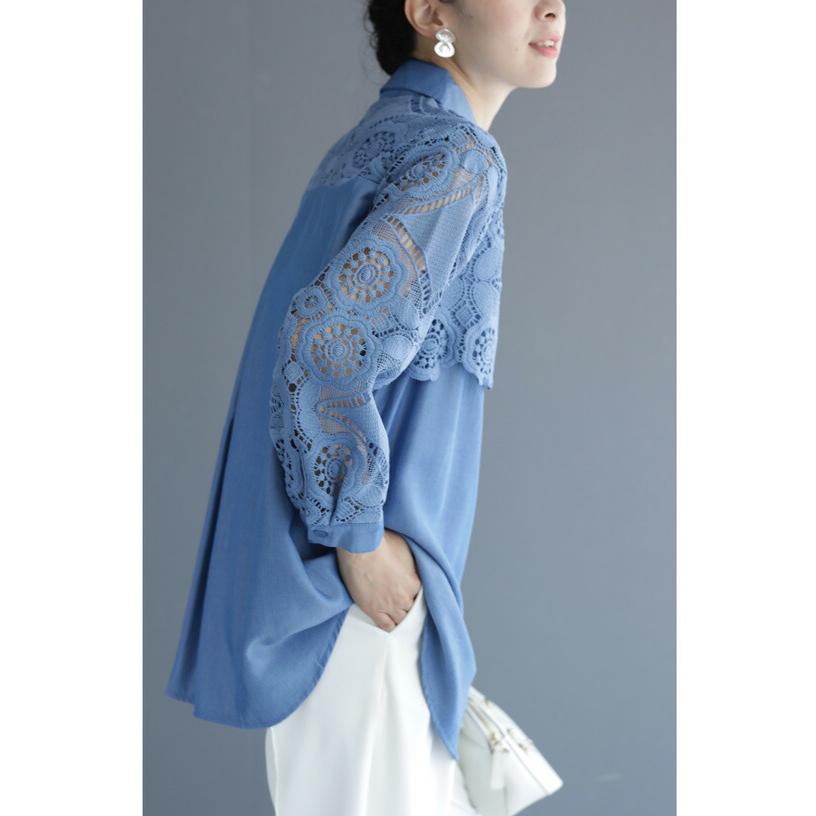 再入荷8月9日 美しいカットワークの花レースシャツトップス（S~2L対応）w50037nc cawaii 刺繍 シャツ ブラウス 長袖 春夏 シアーシャツ 袖レース 透け感 ロングシャツ 大きいサイズ 体型カバー 二の腕 お腹 お尻  母の日 Sから2L対応 美しいカットワークの花レースシャツトップス : CAWAII