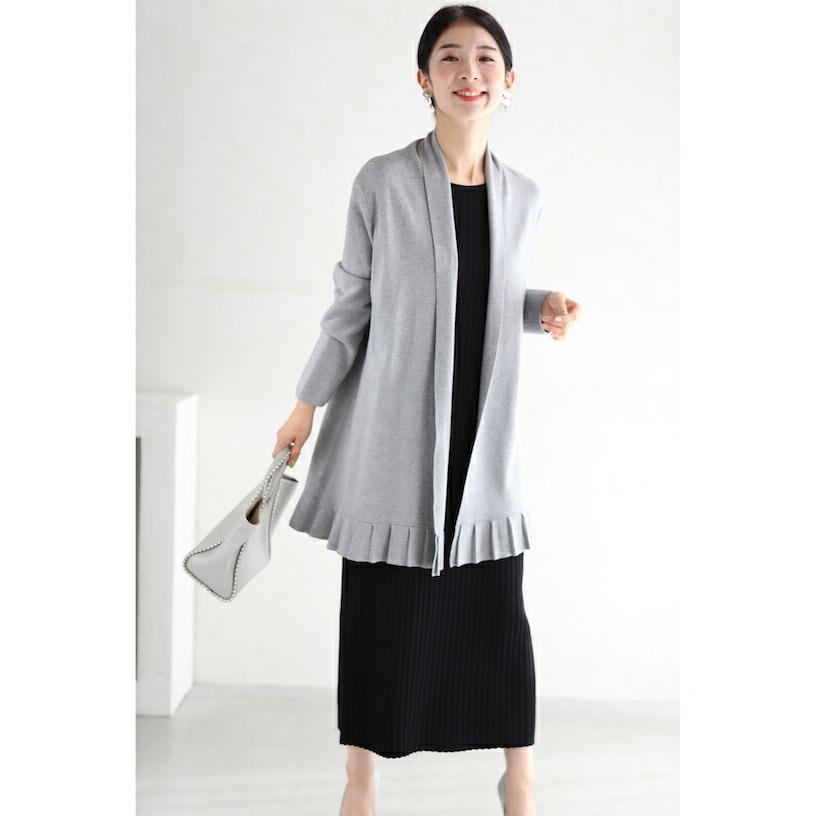 cawaii S〜3L対応 お尻周りまでカバーするプリーツ裾のIラインニット