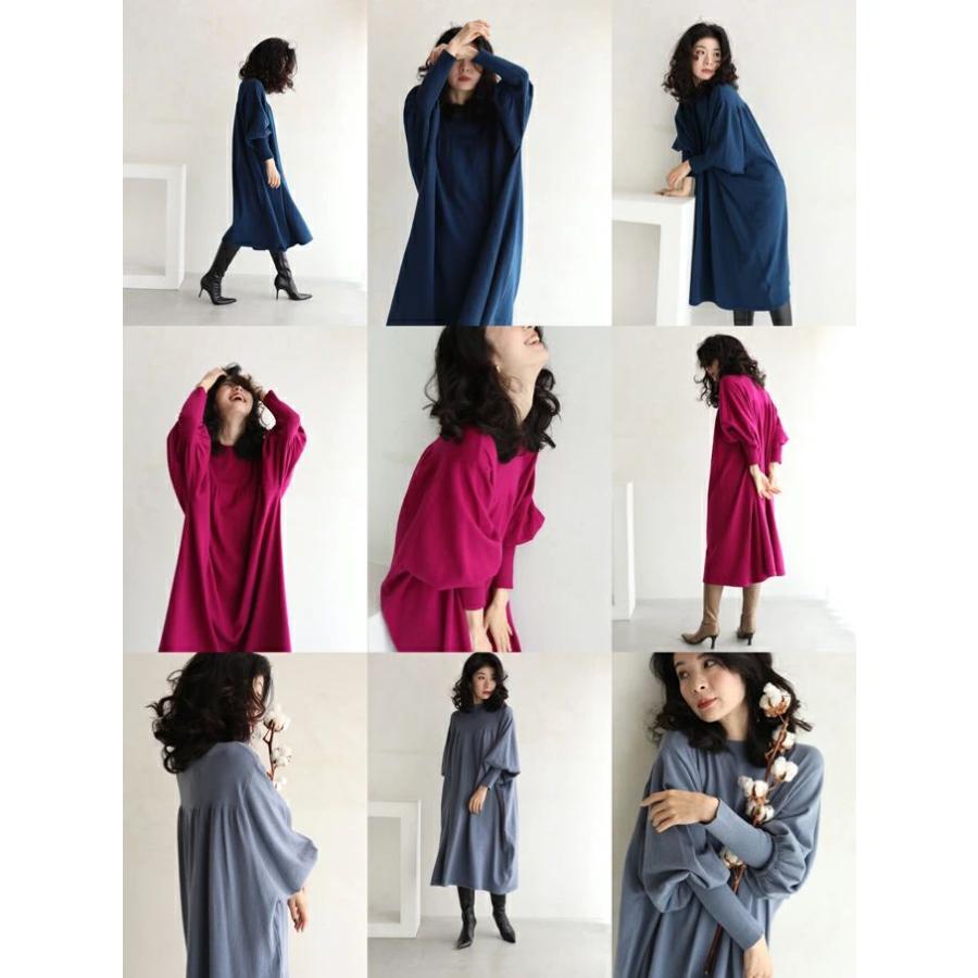 再入荷11月14日 ゆったりリラクシングなポワン袖ニットミディアムワンピース（S〜3L対応）w50119nc cawaii ニットワンピース ボリューム袖 長袖 無地 ワンピース ひざ下丈 大きいサイズ 秋冬 体型カバー ドルマン Sから3L対応 ゆったりリラクシングなポワン袖ニットミディアム
