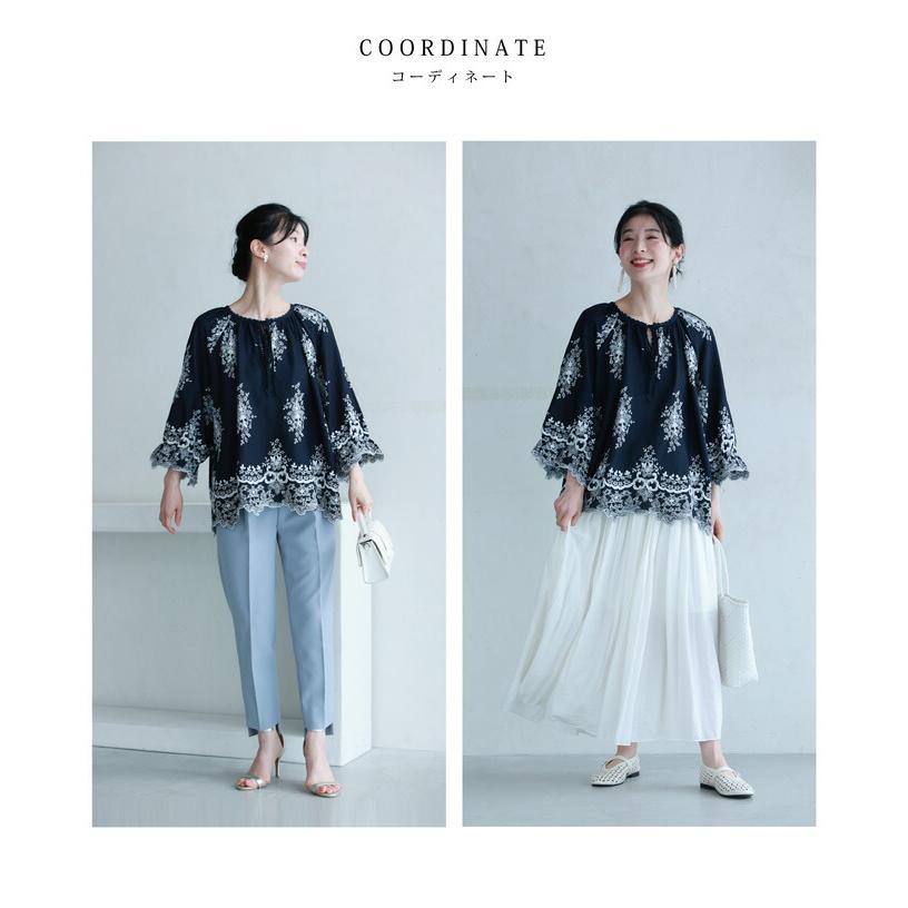 Sから3L対応 濃紺 ぐるりと360度エレガントな刺繍浮かぶブラウス