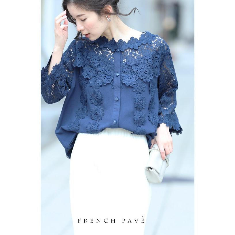 S L 2l 3l対応 ネイビー French Pave 美しい花レースの華やぎブラウス W Nv French Pave 通販 Yahoo ショッピング