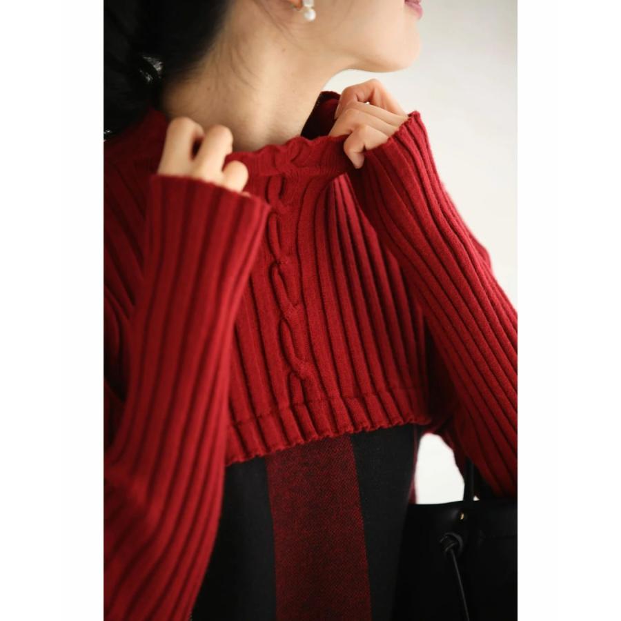 切り替えチェックのリブニットチュニックトップス（ML/2L3L対応