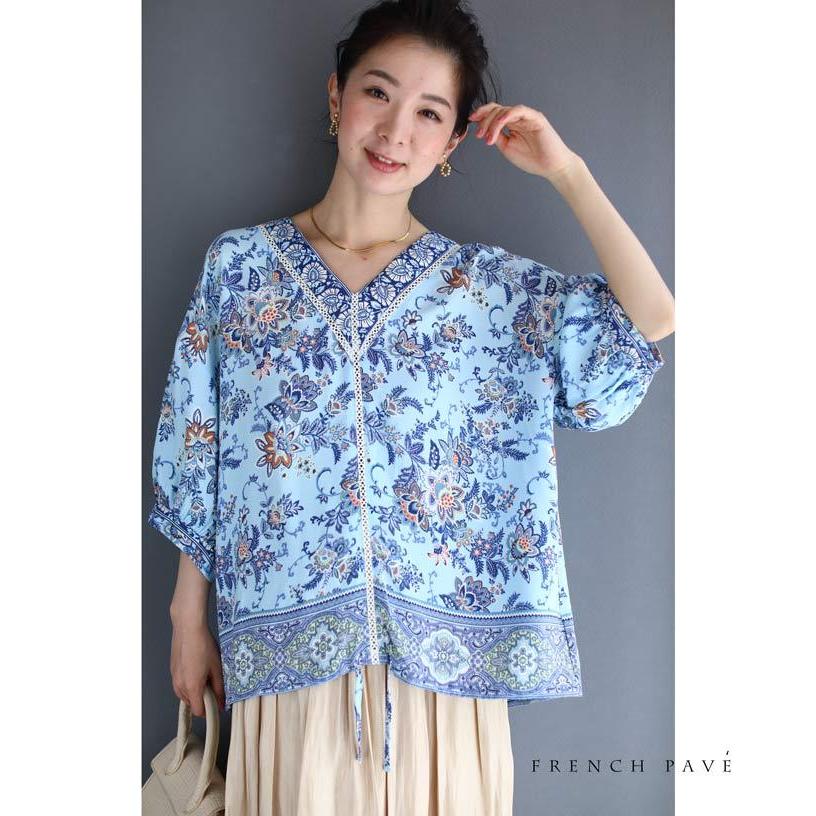 涼しい夏色ブルーのエレガントな花柄ブラウストップス W French Pave 通販 Yahoo ショッピング