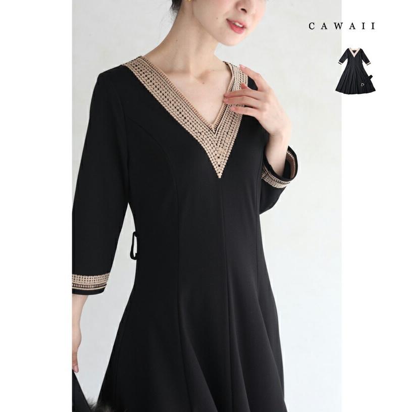 【閉店SALE】 冬新作 ワンピース ロング vネック w53808 S~M 黒 ベルト付き 細やかな小花刺繍のAラインミディアムワンピース cawaii  ワンピース 七分袖  スタンダード オケージョン お呼ばれ 通勤 オフィス きれいめ 上品 エレガント ミセス 60代 40代コーデ 50代 30代 セール商品返品交換不可】cawaii SからM対応 黒 ベルト付き 細やかな