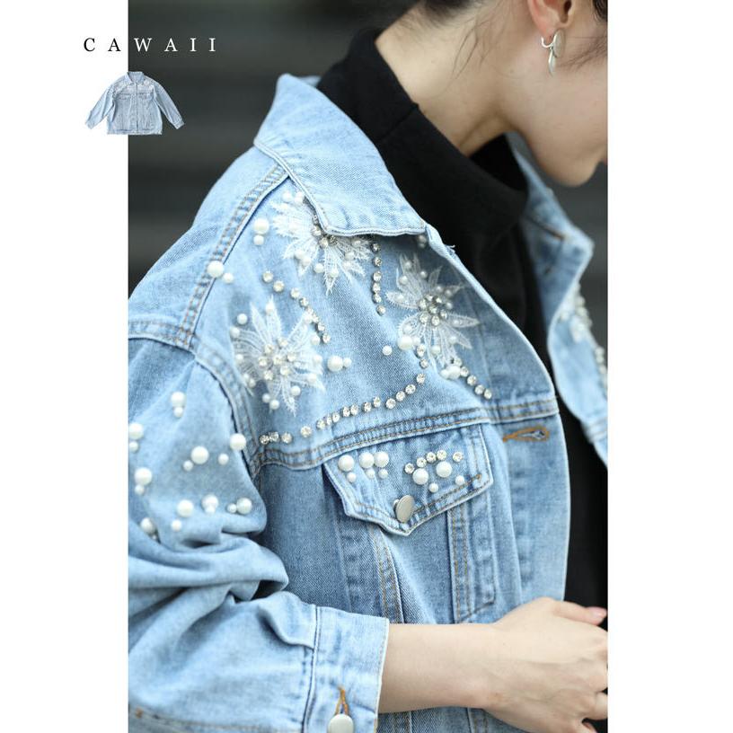 cawaii ビジュー輝く花レースデコレーションデニムジャケット : CAWAII