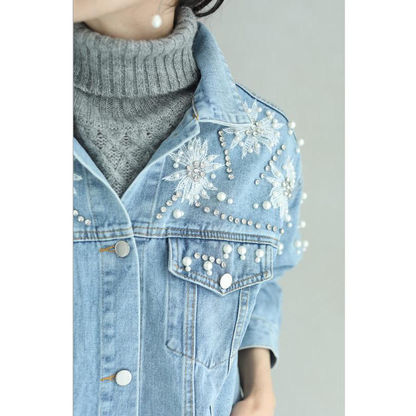 cawaii ビジュー輝く花レースデコレーションデニムジャケット : CAWAII
