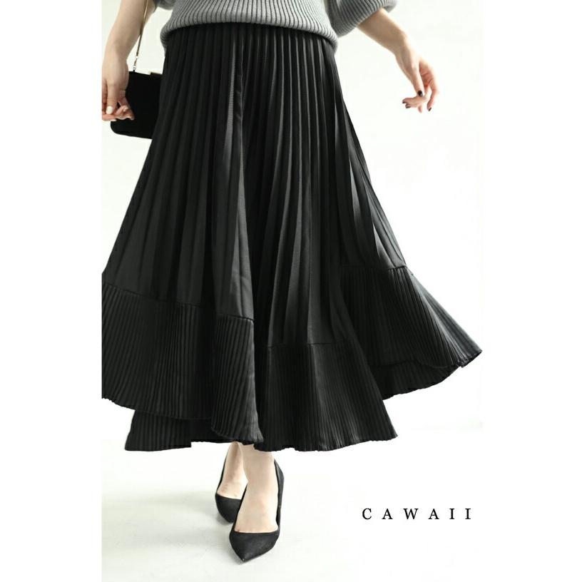 cawaii 黒 2種プリーツが弾むランダム裾ミディアムスカート : CAWAII