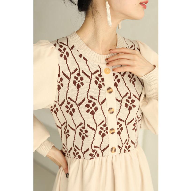 cawaii FRENCH PAVE SからL対応 可愛い花柄ニットのパフスリーブ