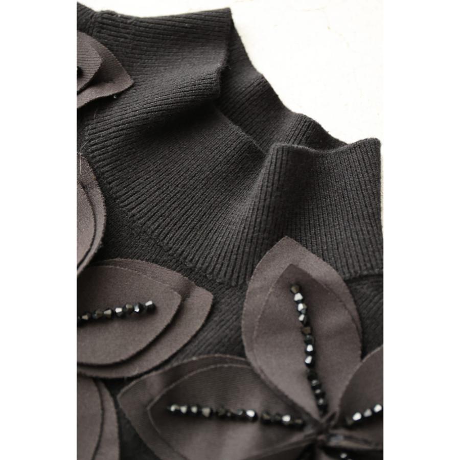 cawaii SからM対応 黒 ビジューライン煌めく黒花ニットカットソー
