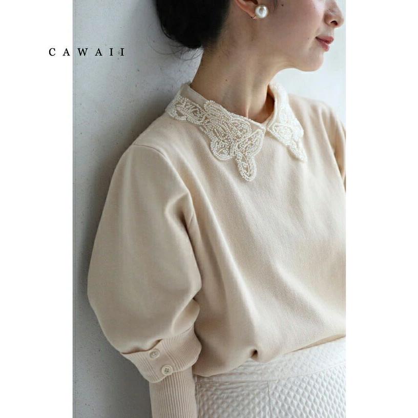 cawaii Sから3L対応 優雅なビーズ刺繍襟のニットプルオーバートップス