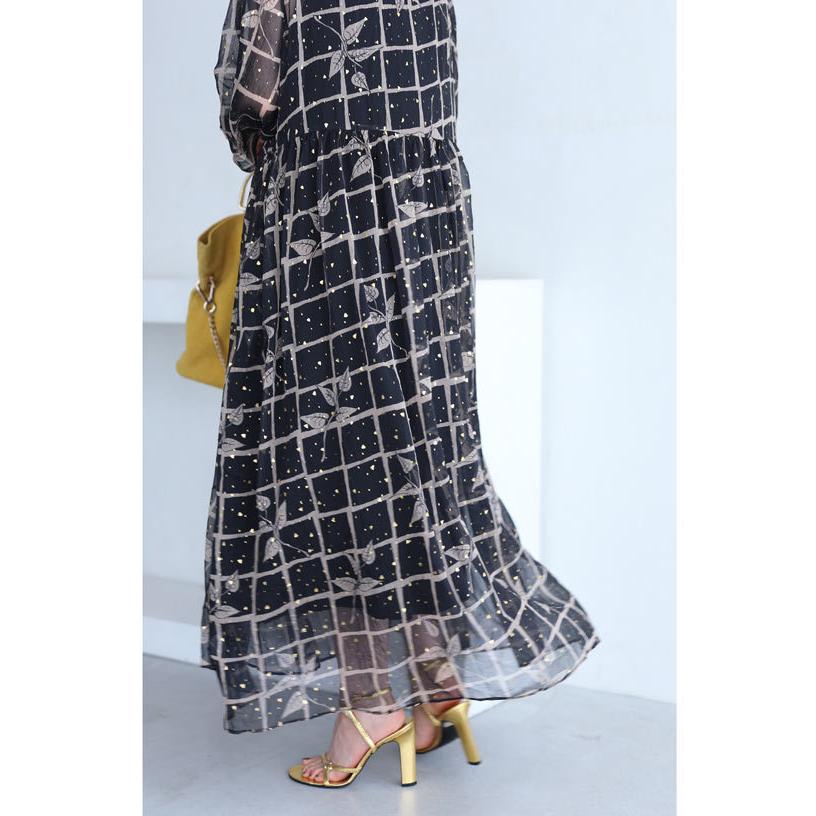 cawaii Sから2L対応 インナー付き 黒 金箔舞うリーフ柄シアーロング