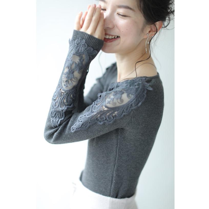 cawaii S〜L/2L〜3L 濃いグレー  FRENCHPAVE オリジナル 美しく透ける肩レースのクルーネックニットトップスS/M/L/2L/3L11月12日