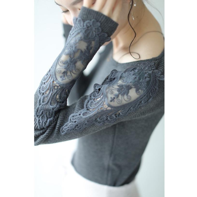 cawaii S〜L/2L〜3L 濃いグレー  FRENCHPAVE オリジナル 美しく透ける肩レースのクルーネックニットトップスS/M/L/2L/3L11月12日