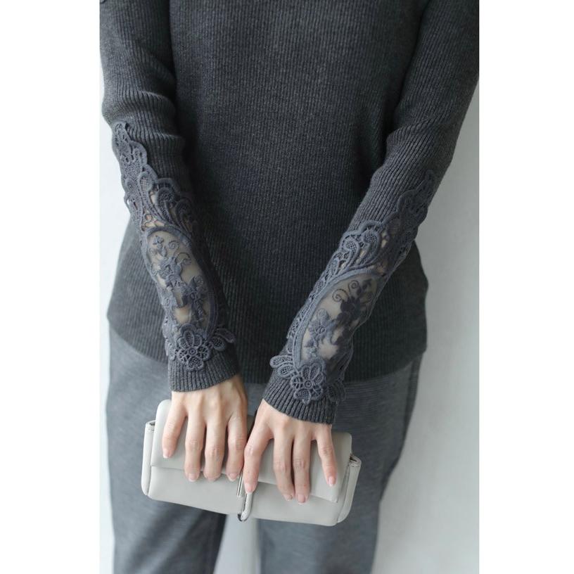 cawaii S〜L/2L〜3L 濃いグレー  FRENCHPAVE オリジナル 美しく透ける肩レースのクルーネックニットトップスS/M/L/2L/3L11月12日