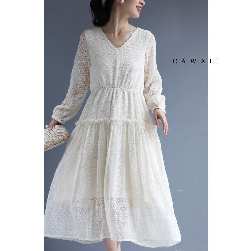再入荷1月19日 （S対応）トライアングルで囲むサークルレースミディアムワンピース w60136ps cawaii ワンピース 長袖 vネック ウエストギャザー ひざ下丈 ワンピース ミモレ丈 ボリューム袖 袖レース 透け感 カシュクール シフォン 綿100％ オフィス 春 夏 きれいめ 母の日 S対応 トライアングルで囲むサークルレースミディアムワンピース