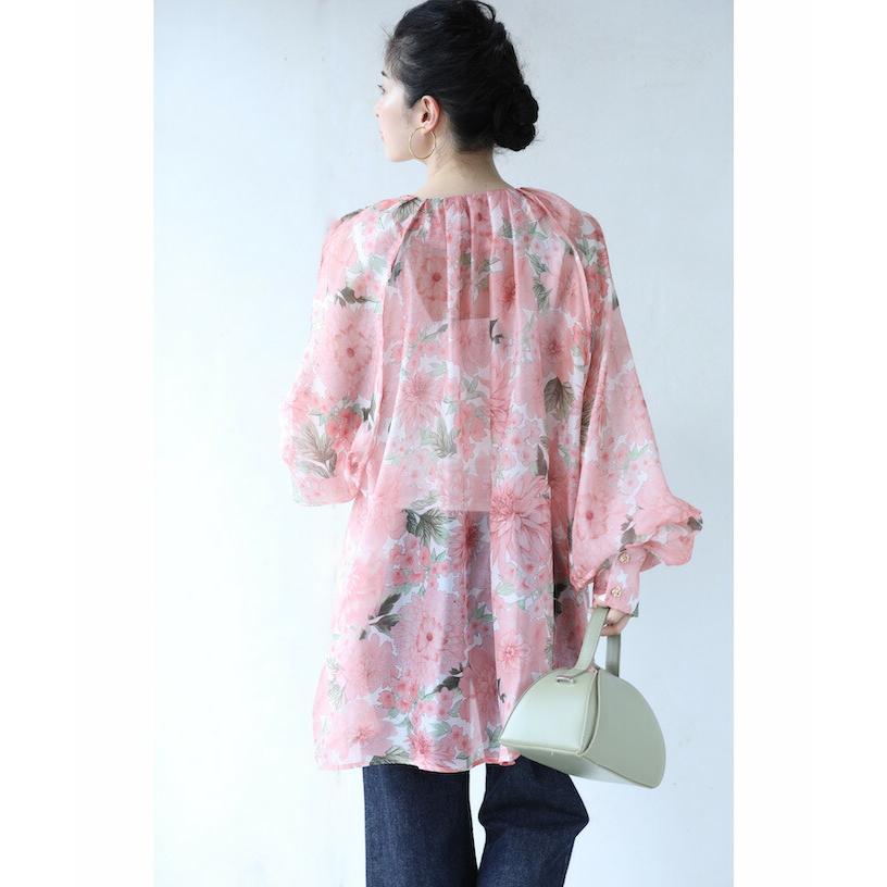 Sから3L対応 春爛漫ふんわりシルエットのシアーチュニックトップス