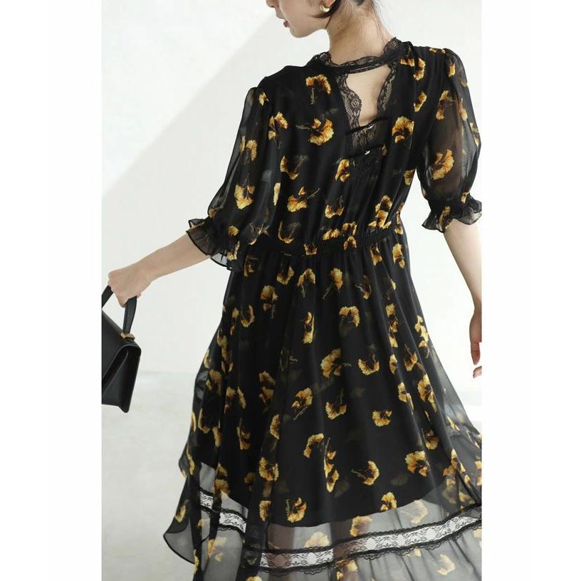 SからL対応 黒 花舞うレースデコレーションのベールミディアム