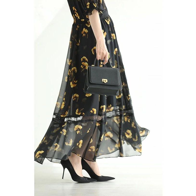 SからL対応 黒 花舞うレースデコレーションのベールミディアム