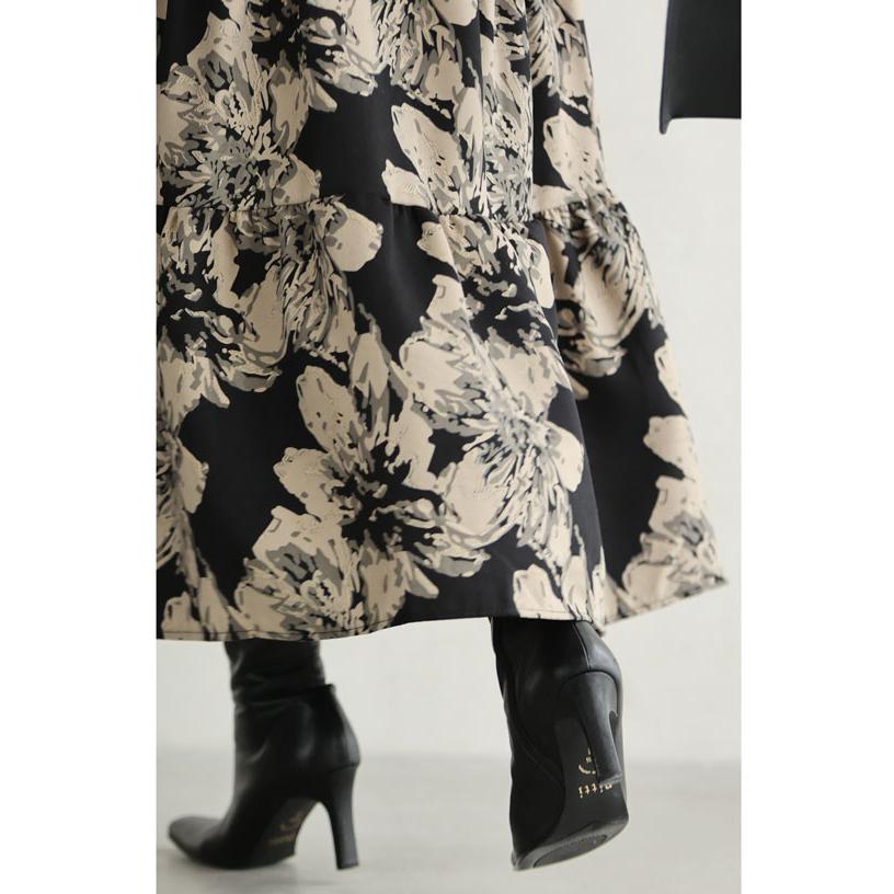 SからL対応  黒 アーティスティックな花のティアードミディアムスカート｜french-pave｜18