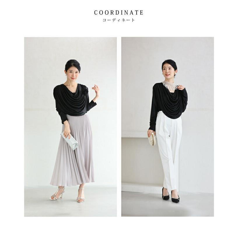 SからL対応 コサージュ付き 黒 重なるカバードレープの艶カットソー