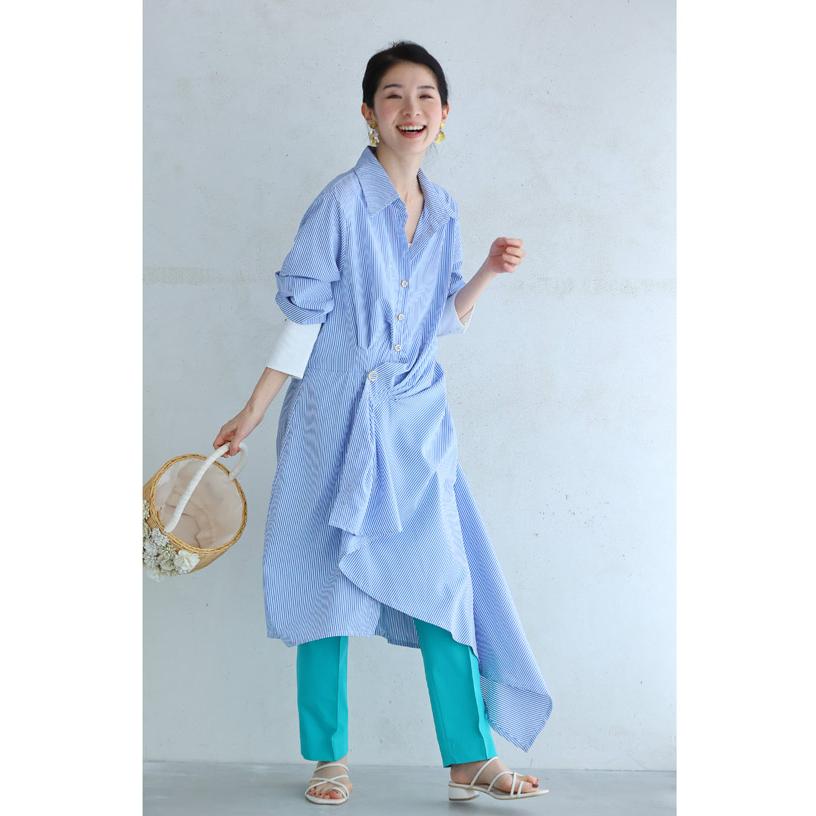 SからL対応 爽やかな風になびくアシンメトリードレープのシャツ