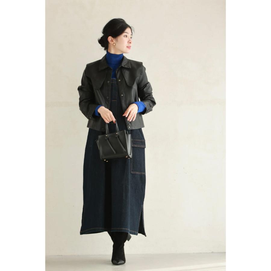 SからM対応 黒 重なる変形襟のフェイクレザージャケット : CAWAII